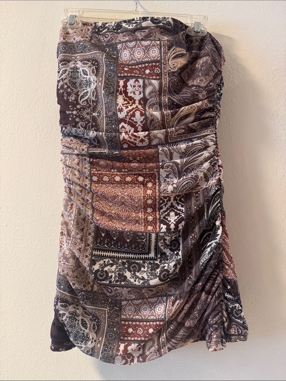 Altar'd State Strapless Patchwork Mini Dress in Brown and Cream